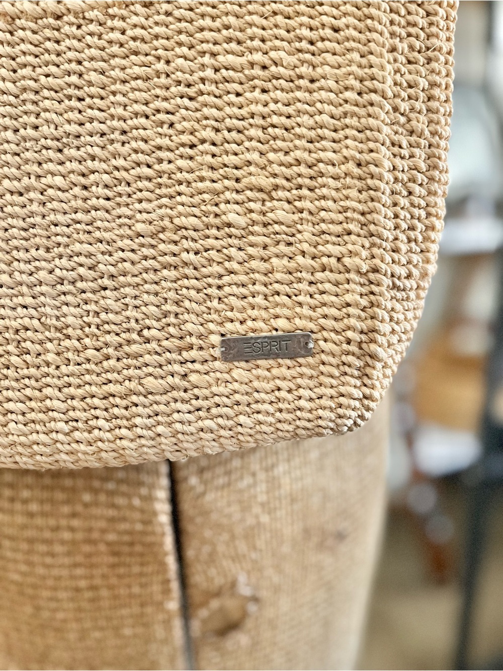 Vintage Esprit Natural Woven Backpack Tote with Tan Leather Straps - Picture 2 of 10